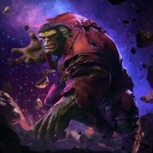 A digital diorama shot of the Hulk statue, set against a vivid purple cosmic background with floating space debris.