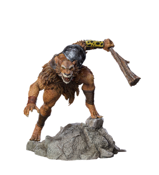 A clean product shot of the Iron Studios Jackalman statue, standing on its rocky base against a plain background.