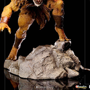 A detailed close-up of the base of the Jackalman statue, showcasing his clawed feet gripping the rocky terrain.