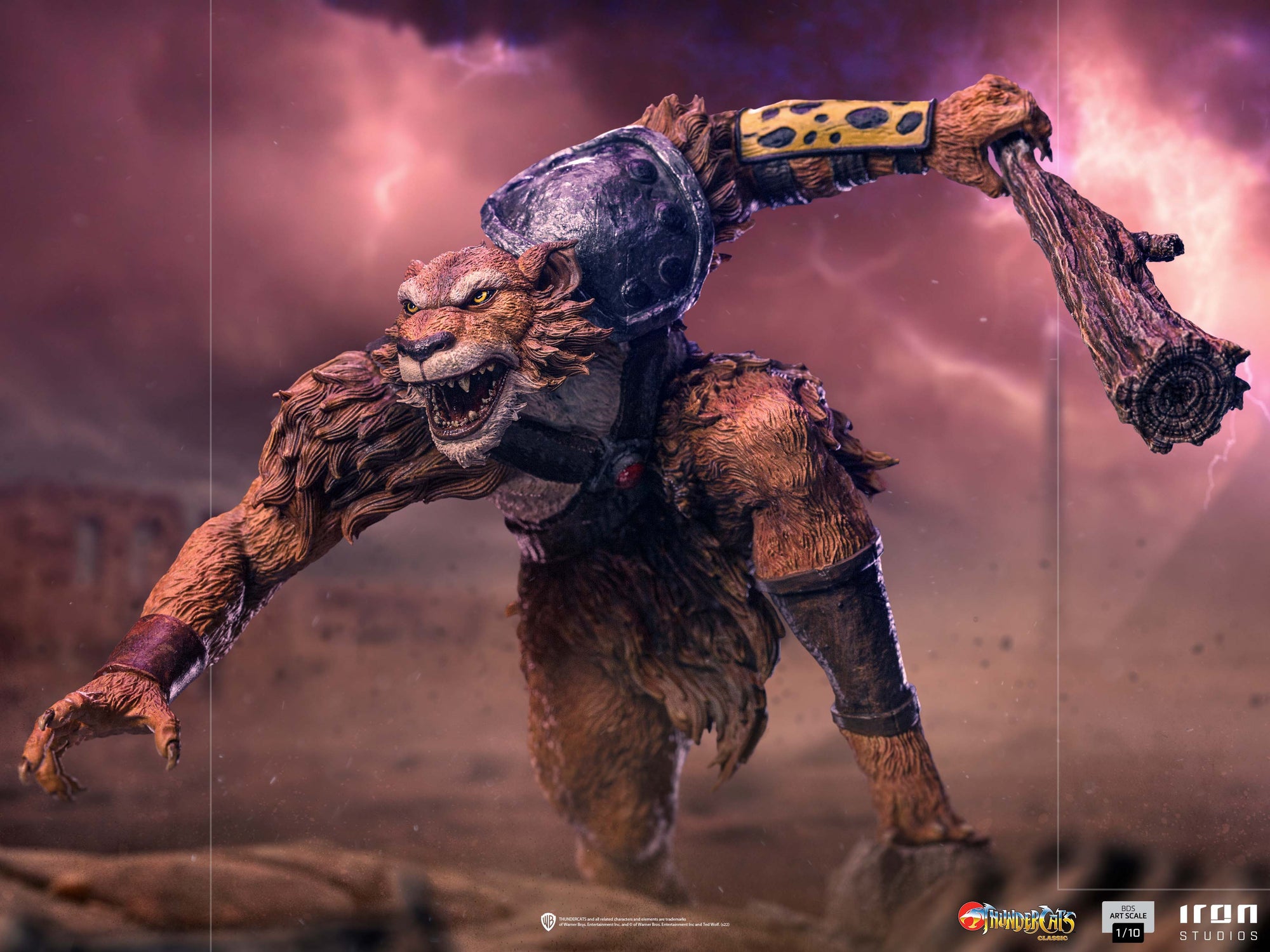 A dynamic action shot of the Jackalman statue from a lower angle, set in a diorama with a stormy pink sky and jagged lightning.