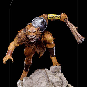 A slightly pulled back shot of the Iron Studios Jackalman statue, highlighting his aggressive stance, snarling face, and iconic yellow arm guard.