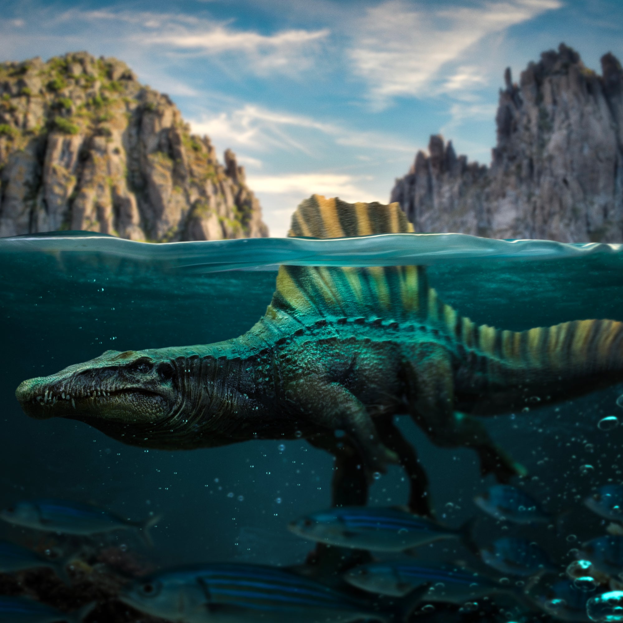 Split-level aquatic environment display rendering of Iron Studios Spinosaurus in coastal water