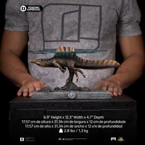 Iron Studios Spinosaurus statue size dimensions with translucent water effect sheet overlay