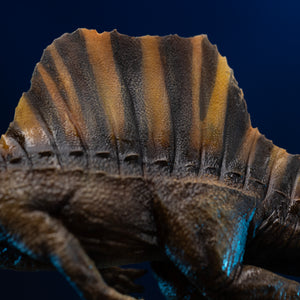 Detail of Spinosaurus dorsal sail featuring yellow and brown striped pattern and scute scales
