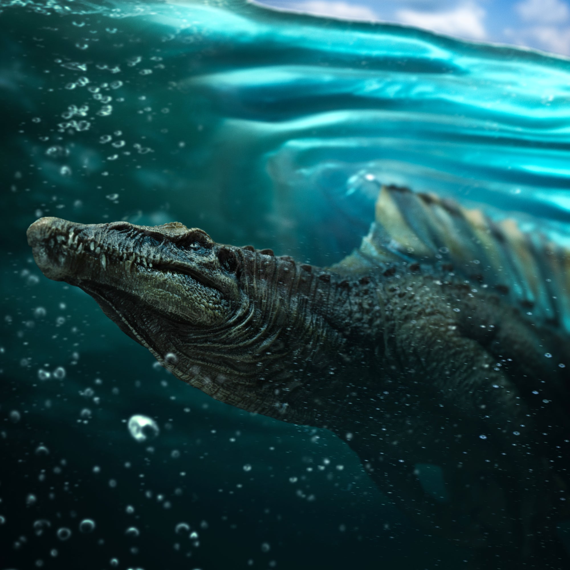 Cinematic underwater rendering of Iron Studios Spinosaurus statue with bubbles and water ripples