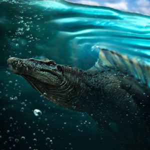 Cinematic underwater rendering of Iron Studios Spinosaurus statue with bubbles and water ripples