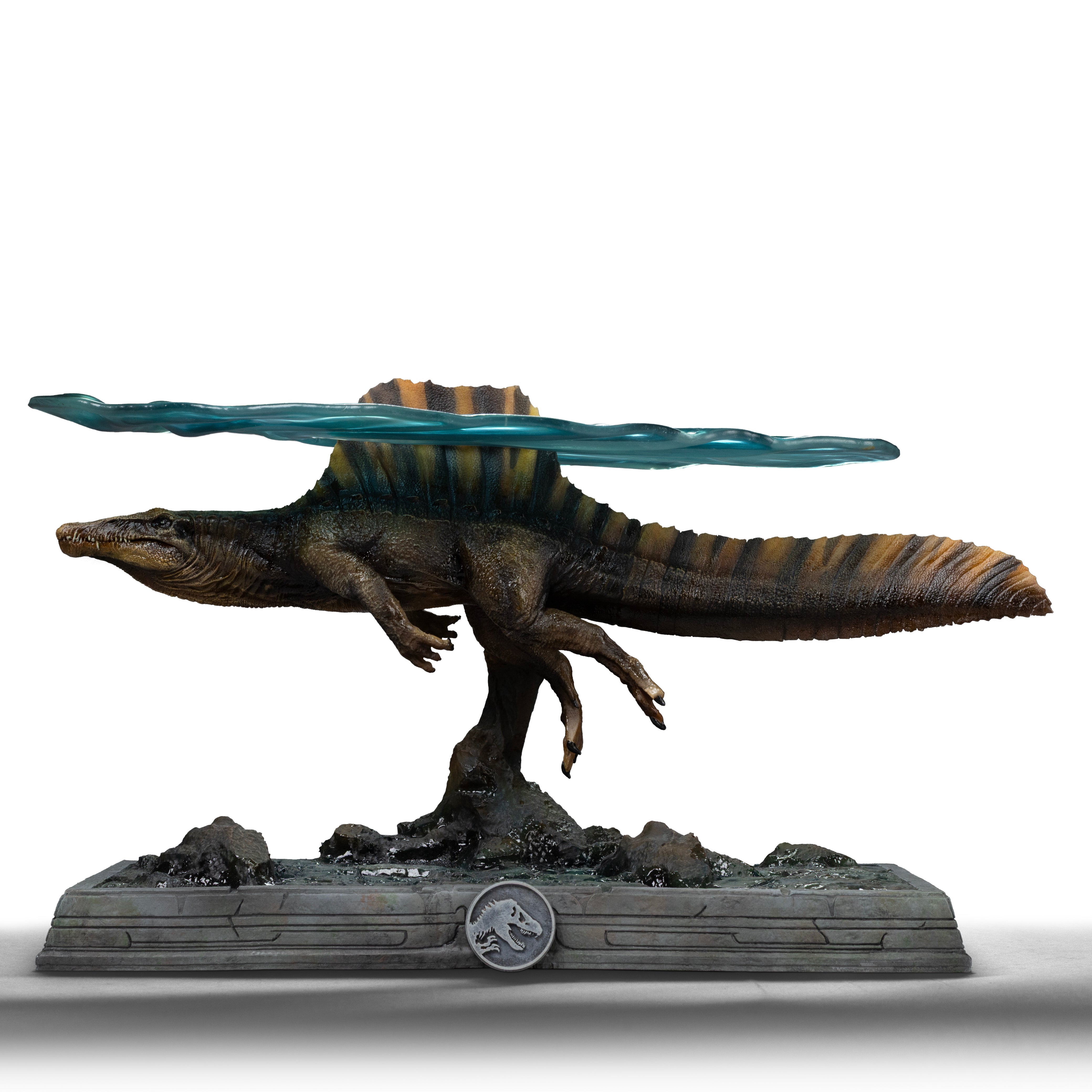 Studio view on white background of Iron Studios Spinosaurus statue with water surface effect
