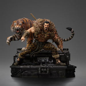 Front view of the Iron Studios Kraven the Hunter 1/10 Scale Statue, showing him and his pet tiger, Dima, on the industrial diorama base.