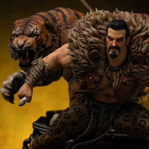 A mid-range close-up of Kraven and the tiger Dima, capturing both of their fierce expressions in the diorama.