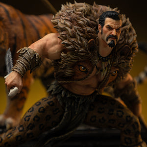 Close-up of Kraven the Hunter's face and upper body, showing his stern expression, dagger, and the detailed fur collar of his outfit.