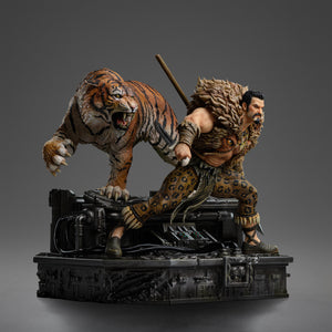 A three-quarter view of the Iron Studios Kraven the Hunter 1/10 Scale Statue, capturing the fierce expression of both Kraven and his tiger companion.
