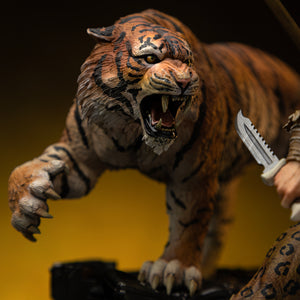 A detailed close-up of Kraven's tiger, Dima, showing its menacing snarl, sharp teeth, and detailed fur texture.