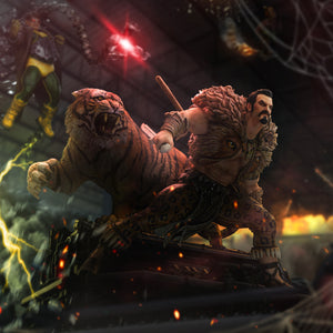 A composite shot showing the Kraven the Hunter statue as part of the larger Spider-Man vs. Villains diorama, with Doctor Octopus visible in the background.