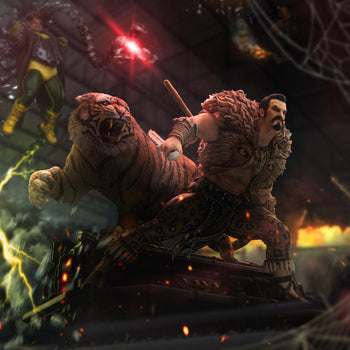 A composite shot showing the Kraven the Hunter statue as part of the larger Spider-Man vs. Villains diorama, with Doctor Octopus visible in the background.