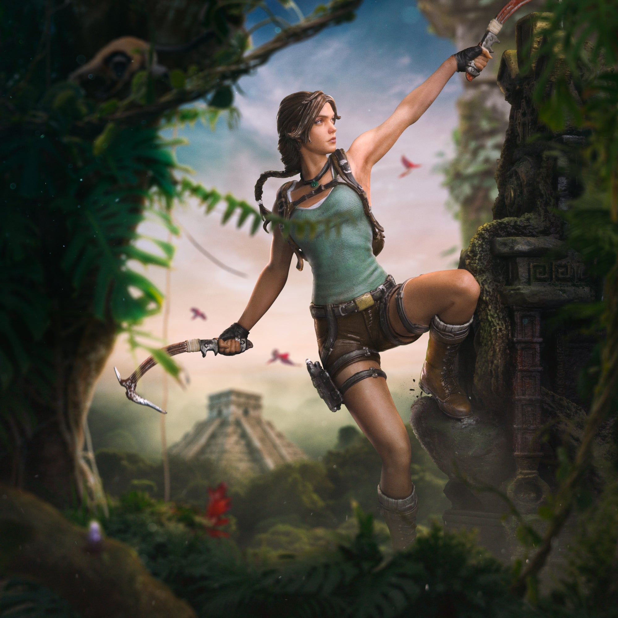 The Lara Croft statue in a digital diorama background, showing her climbing a rock face with a Mayan pyramid visible in the jungle.