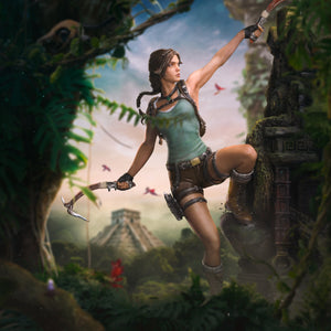 The Lara Croft statue in a digital diorama background, showing her climbing a rock face with a Mayan pyramid visible in the jungle.