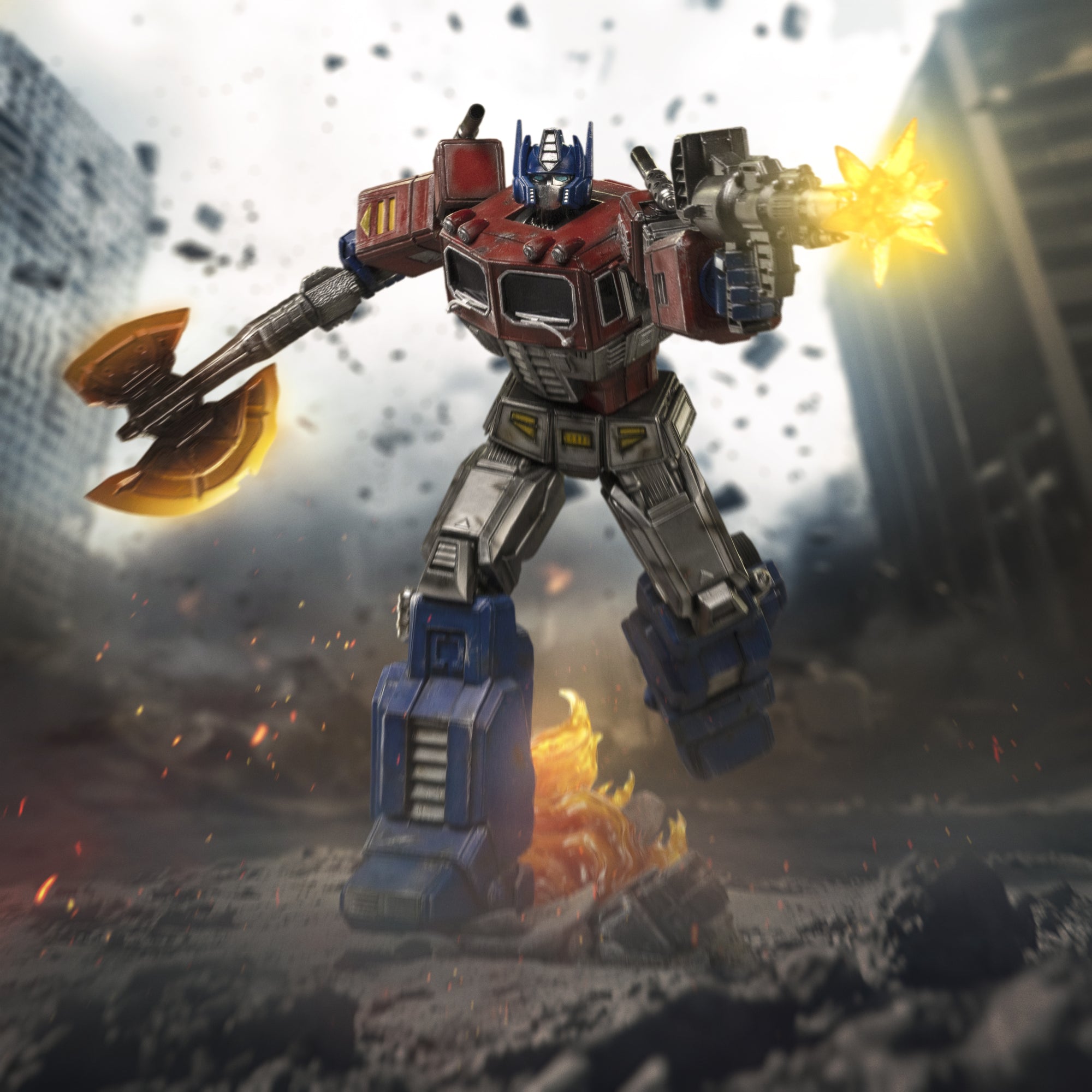 Promotional composite image of the 1/20 Optimus Prime Demi Art Scale statue charging through exploding city ruins.