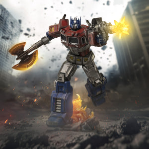 Promotional composite image of the 1/20 Optimus Prime Demi Art Scale statue charging through exploding city ruins.