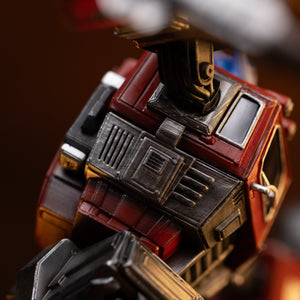 Close-up of the intricate sculpted mechanical vents, roof panel, and joints on the rear of the Optimus Prime statue.