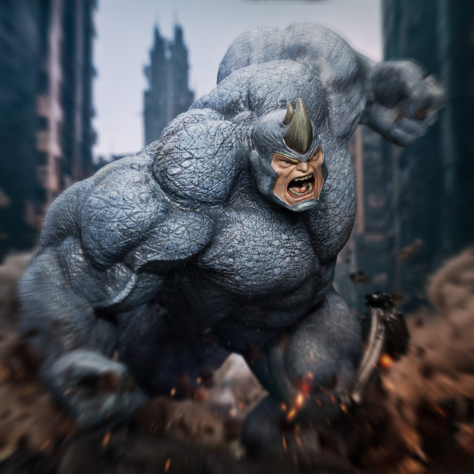 A digital composite image of the Rhino statue in a chaotic city setting, emphasizing his rampage through the street.