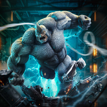 A digital composite image of the Rhino statue, showing him surrounded by blue energy and wreckage in an intense action scene.