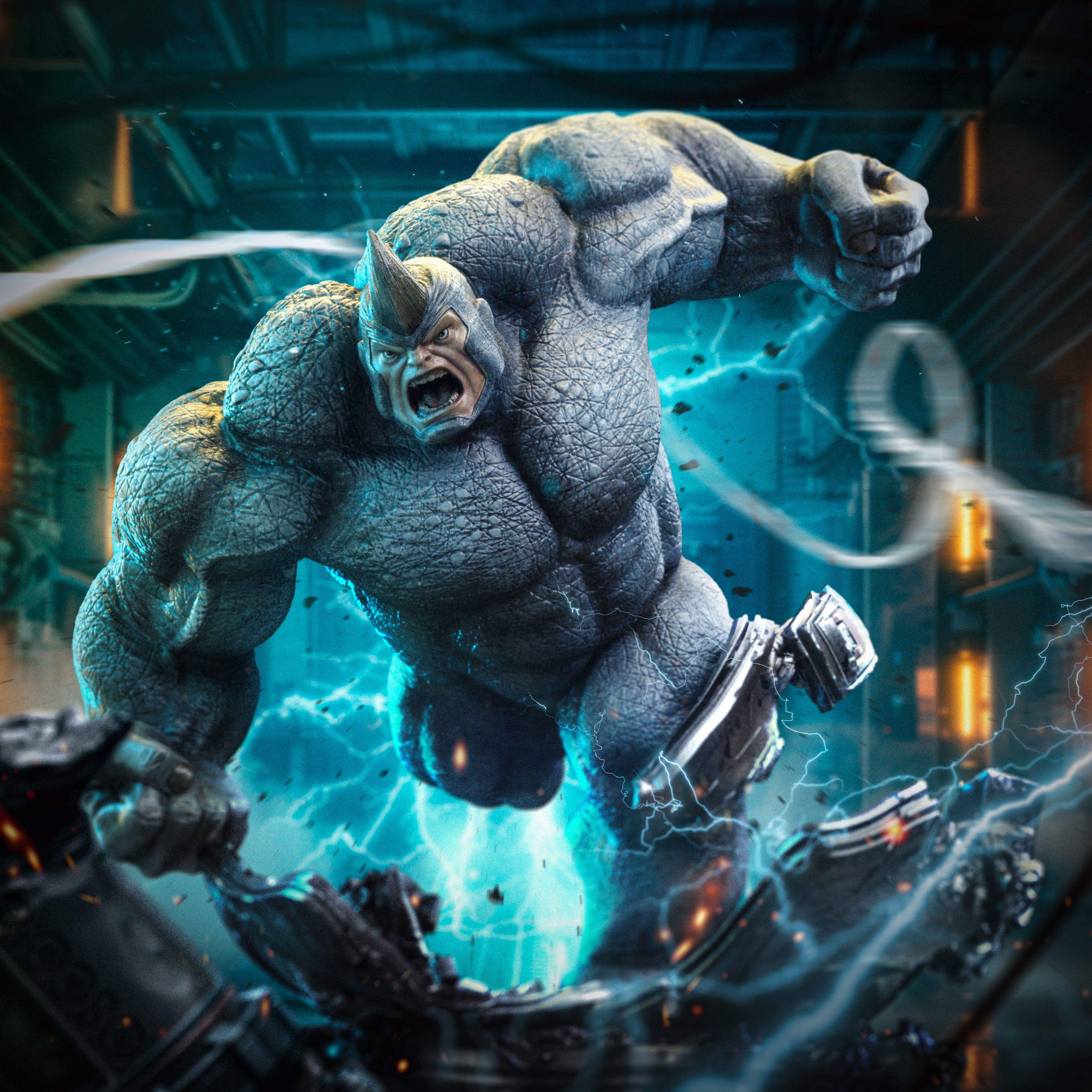 A digital composite image of the Rhino statue, showing him surrounded by blue energy and wreckage in an intense action scene.