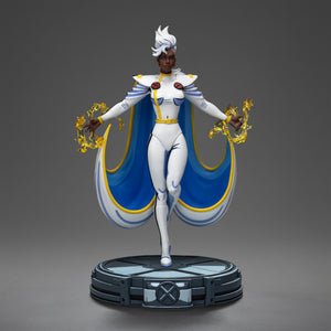Full frontal view of the Iron Studios Storm X-Men '97 1/10 Scale Statue, showing her in her white costume with her arms outstretched, summoning lightning.