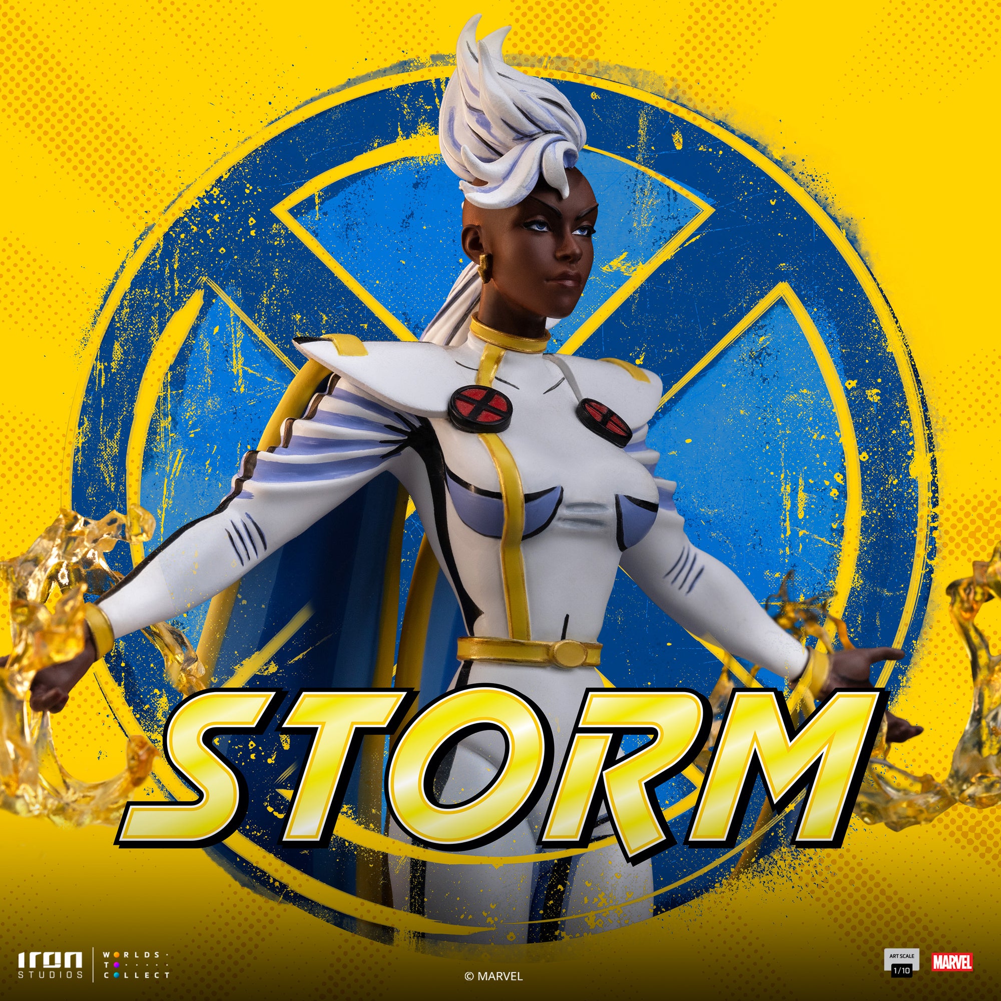 A close-up promotional shot of the Storm statue against a vivid yellow and blue X-Men logo background, emphasizing her fierce gaze and electric powers.