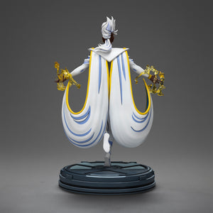 Rear view of the Storm statue, showcasing the full effect of her white and blue cape and her iconic white hair sculpt.