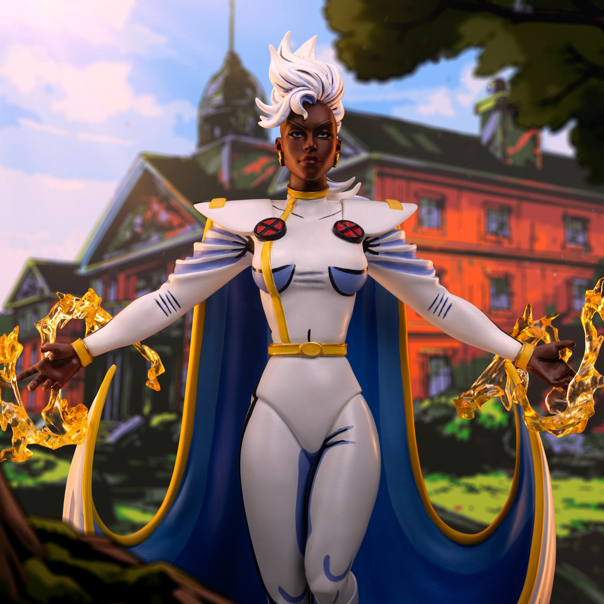 The Storm X-Men '97 statue set against a drawn background of the X-Mansion, showcasing the cel-shaded animation style.