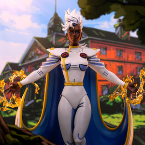 The Storm X-Men '97 statue set against a drawn background of the X-Mansion, showcasing the cel-shaded animation style.