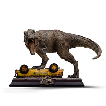 Premium front e-commerce shot of the limited edition Iron Studios Jurassic Park T-Rex Attack collectible mini statue isolated cleanly on a solid white background.