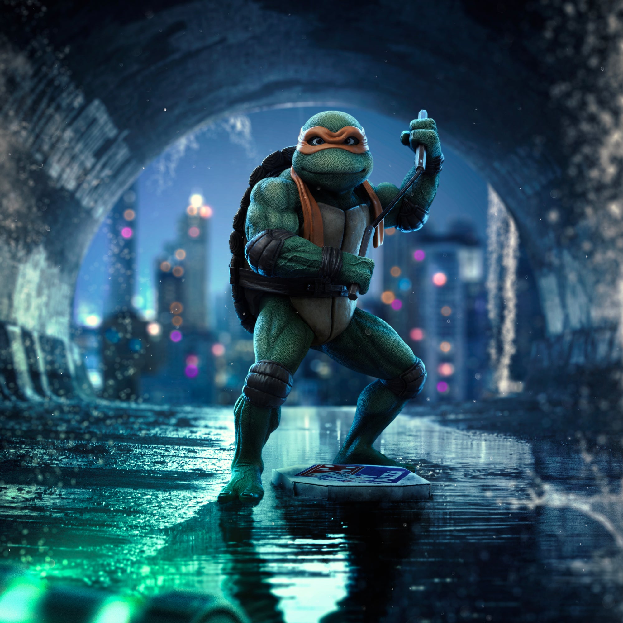 Composite artwork of the Iron Studios TMNT 1990 Michelangelo 1/10 scale statue standing in a flooded New York City sewer tunnel.