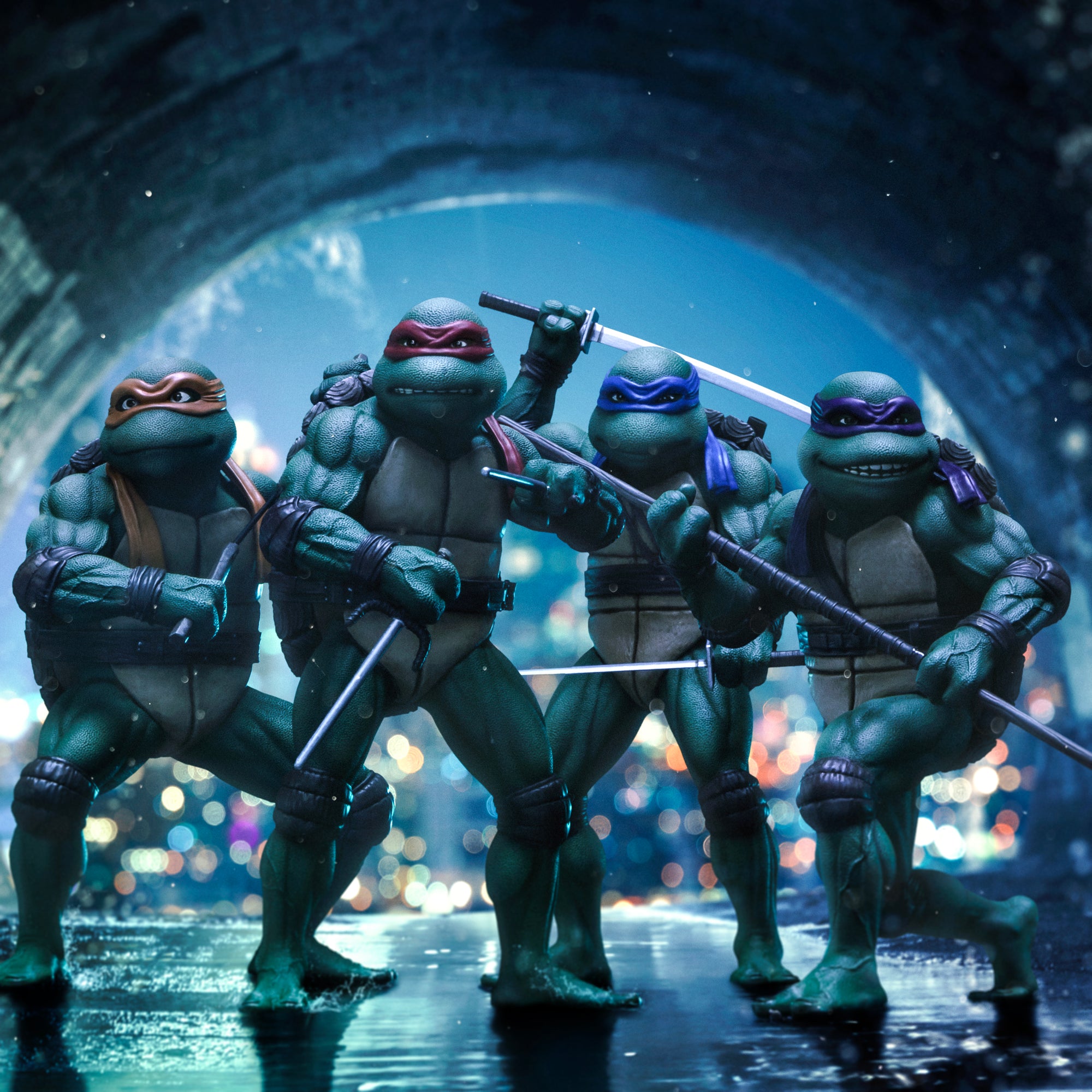 Group lineup composite featuring all four Iron Studios TMNT 1990 Movie 1/10 scale statues: Michelangelo, Raphael, Leonardo, and Donatello.