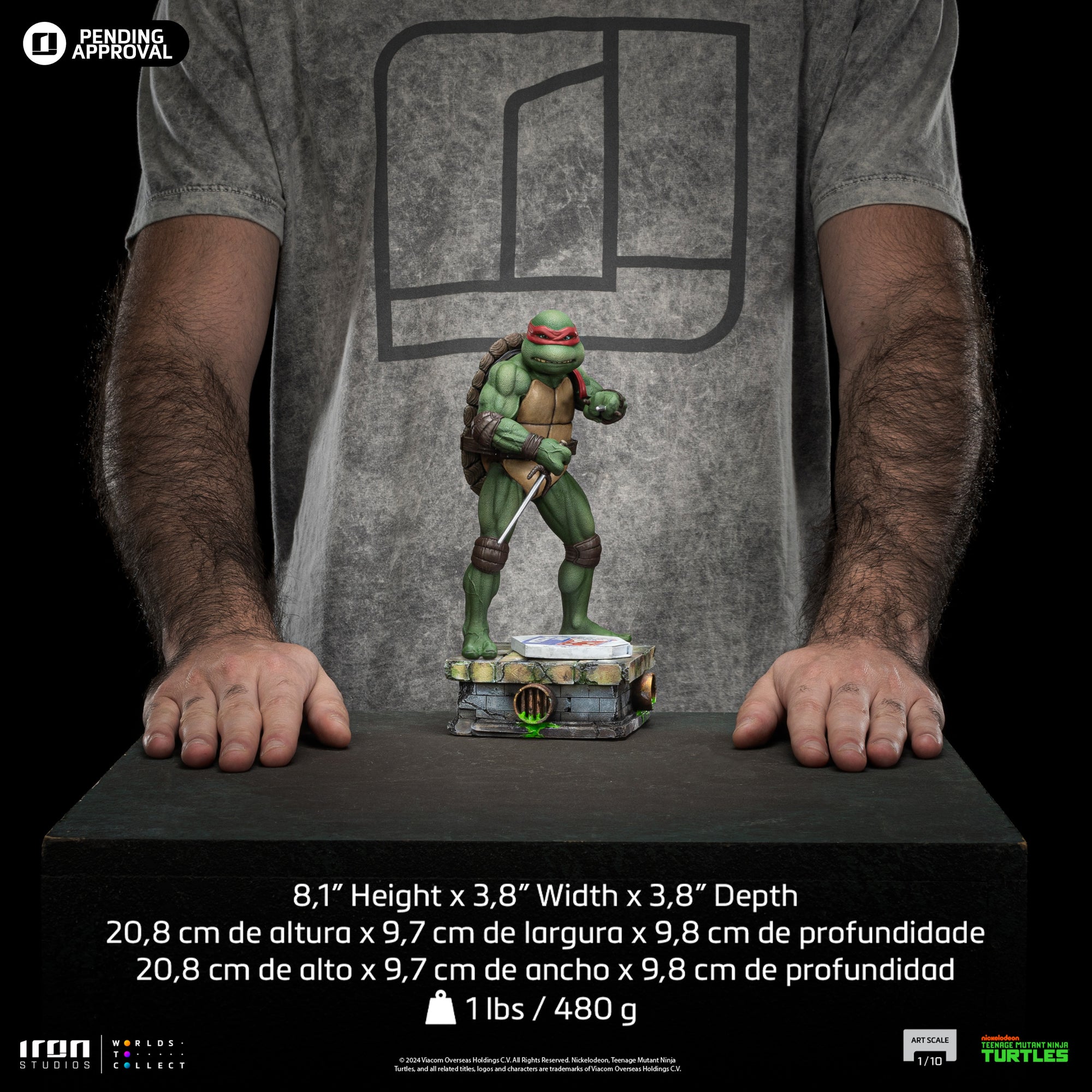 Size and dimension guide showing the 8.1-inch height and weight of the Iron Studios TMNT 1990 Raphael 1/10 statue.