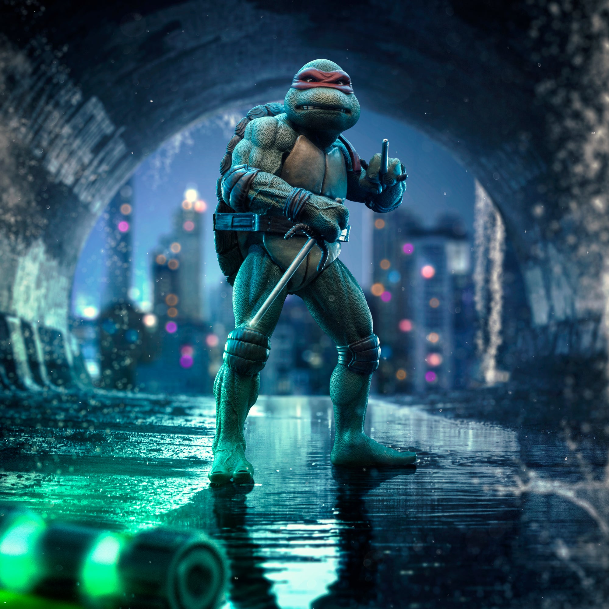 Composite image of the Iron Studios 1/10 scale TMNT 1990 Raphael statue in a flooded sewer tunnel alongside a glowing mutagen canister.