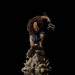 Full front view of the Iron Studios Vultureman statue, showing the villain perched on a rocky base with his claw-tipped staff.