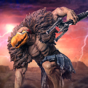The Vultureman statue in a dramatic digital diorama, surrounded by a stormy, lightning-filled landscape with pyramids in the background.