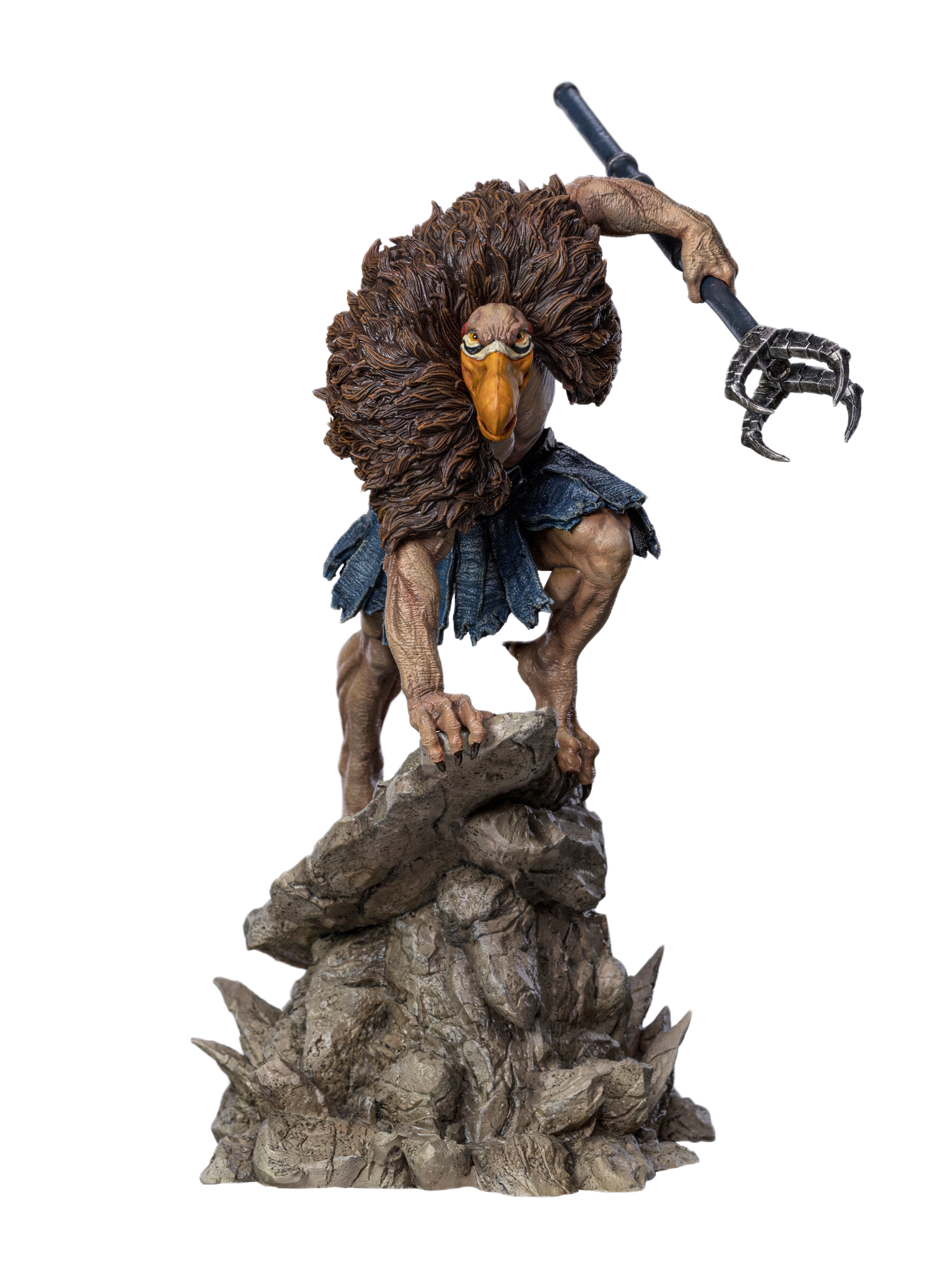 A clean product shot of the Iron Studios Vultureman statue, standing on its rocky base against a plain background.