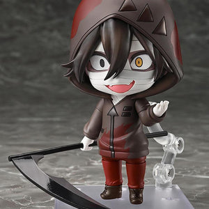 Front view of the Isaac Foster Nendoroid figure displaying a wide-eyed crazed expression face plate while holding his large black scythe accessory down.