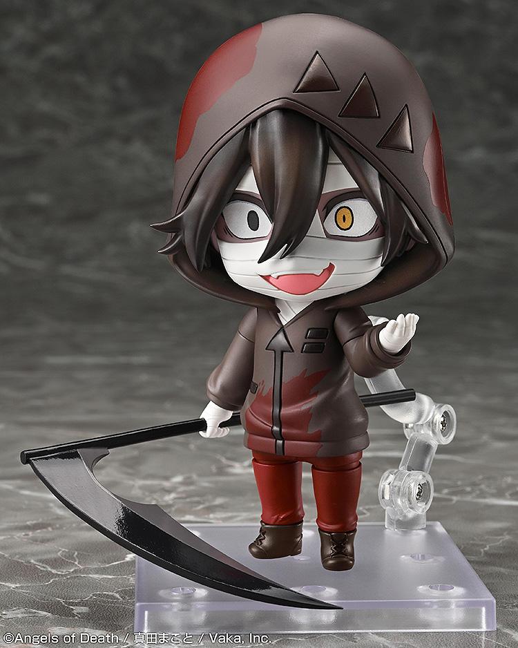 Front view of the Isaac Foster Nendoroid figure displaying a wide-eyed crazed expression face plate while holding his large black scythe accessory down.