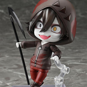 Dynamic action pose of the highly articulated Isaac Foster Nendoroid figure running while holding a scythe aloft with a crazed facial expression.