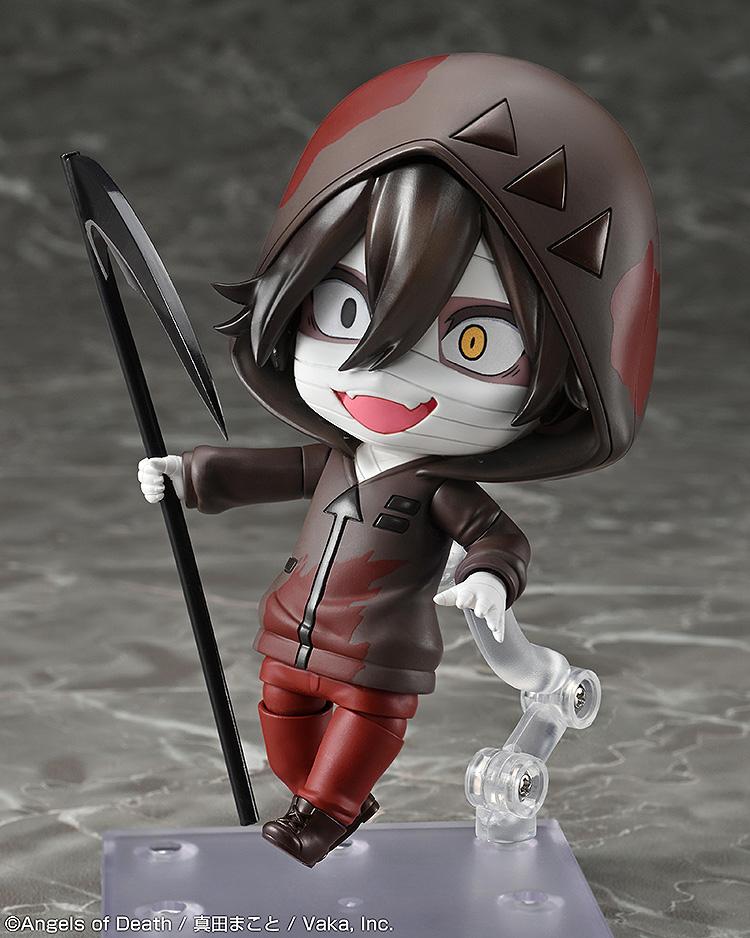 Dynamic action pose of the highly articulated Isaac Foster Nendoroid figure running while holding a scythe aloft with a crazed facial expression.