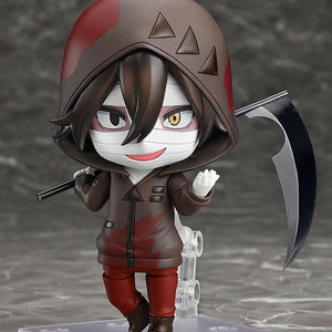 Full-body front view of the built Isaac Foster Nendoroid figure from Angels of Death standing on a clear plastic display base with his signature scythe slung over his shoulder.
