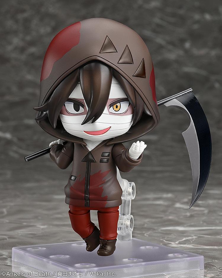 Full-body front view of the built Isaac Foster Nendoroid figure from Angels of Death standing on a clear plastic display base with his signature scythe slung over his shoulder.