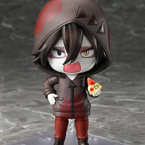 Front standing shot of the Isaac Foster Nendoroid figure utilizing an angry growling face plate while holding a small slice of pizza accessory.