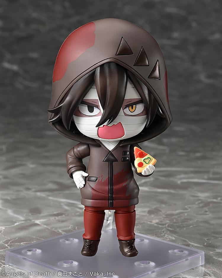 Front standing shot of the Isaac Foster Nendoroid figure utilizing an angry growling face plate while holding a small slice of pizza accessory.