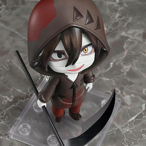 High-angle studio view of the Isaac Foster Nendoroid anime figure showcasing his bandaged face and blood-stained brown hoodie coat while resting on a grey surface.