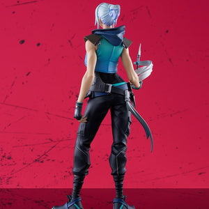 Back view of Pop Up Parade SP Jett figure on red promotional background displaying outfit straps and kunai pouch