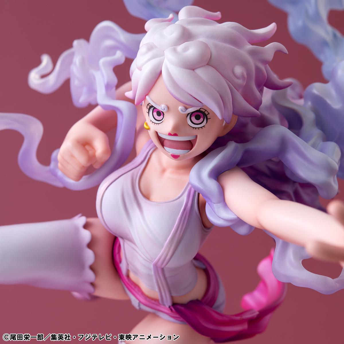 Macro shot of the high-detail facial sculpt and vibrant pink eyes of the Jewelry Bonney statue.